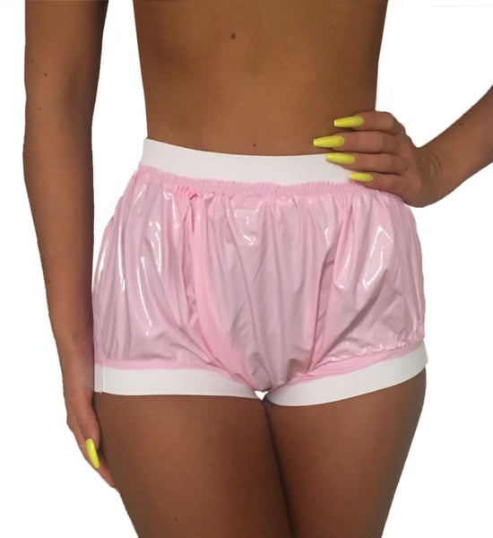 Pink shiny PVC pants with rubber bands