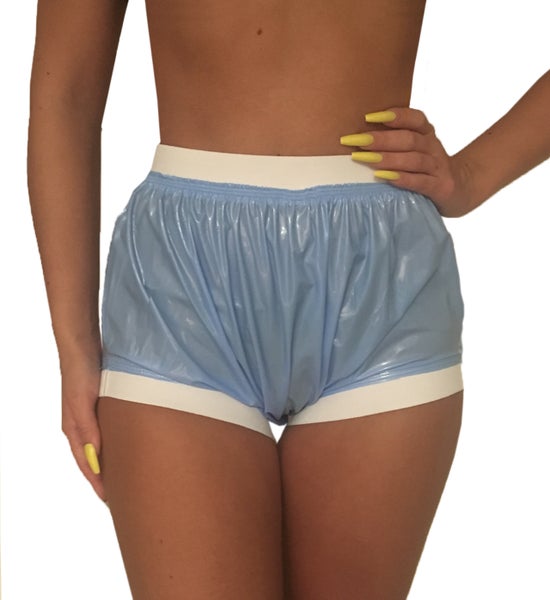 Light blue shiny PVC pants with rubber bands