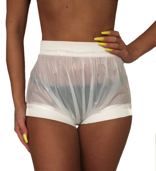 White PVC pants with rubber bands