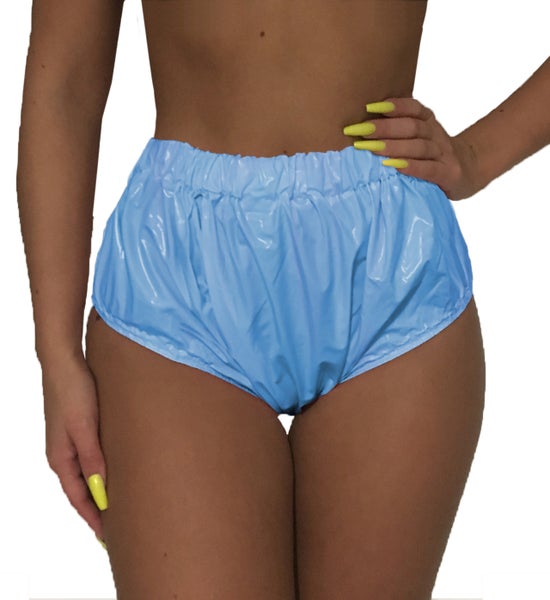 Light blue PVC pants with quilted seams