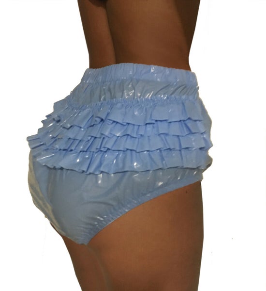 PVC frill pants shiny light blue